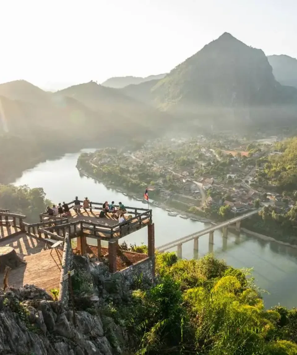 Sunrise viewpoint over a river valley in northern Laos