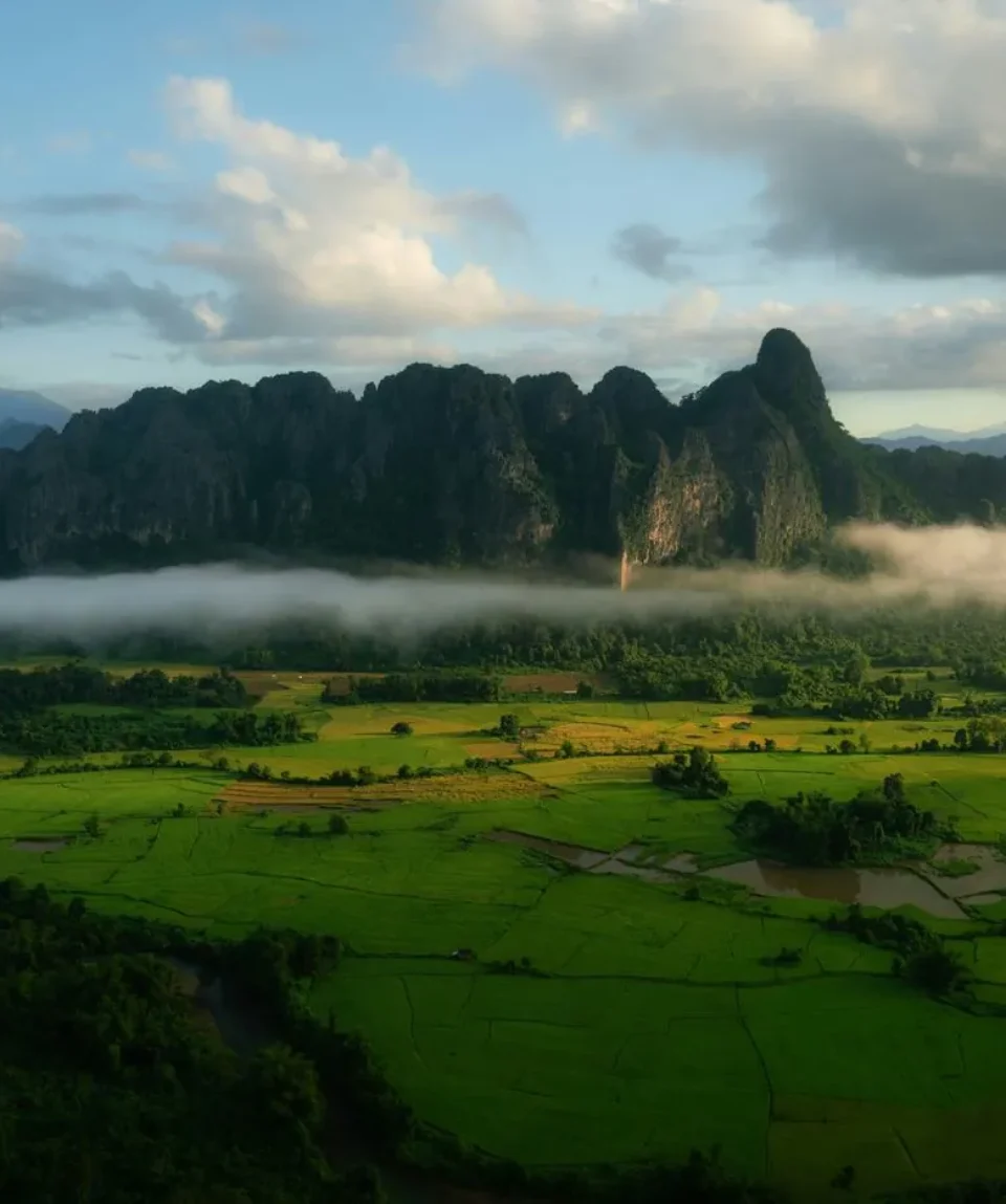 Laos – Vang Vieng karst mountains and rice fields