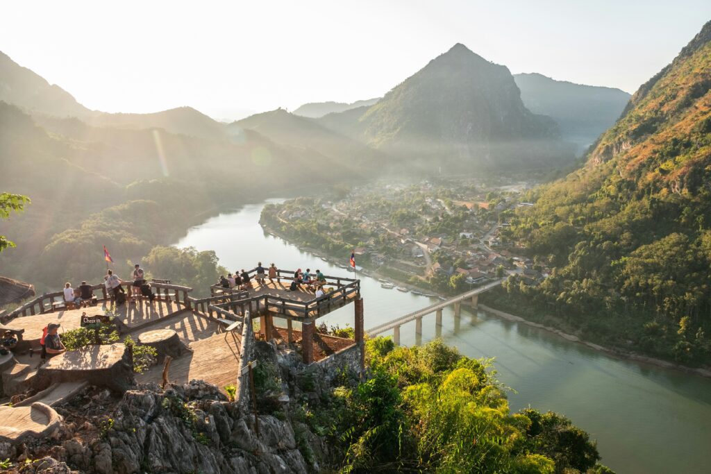 Aerial view of the Nam Ou River bend and karst mountains from the Nong Khiaw viewpoint in Laos