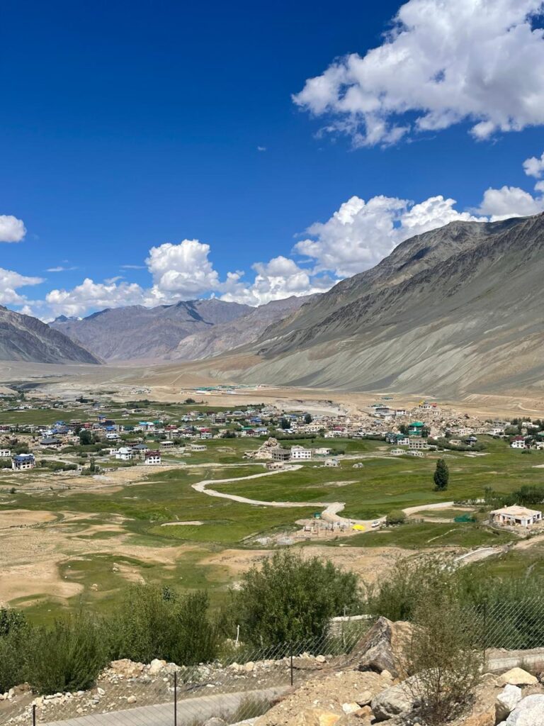 Green village and farmland in the Zanskar valley, surrounded by barren Himalayan peaks